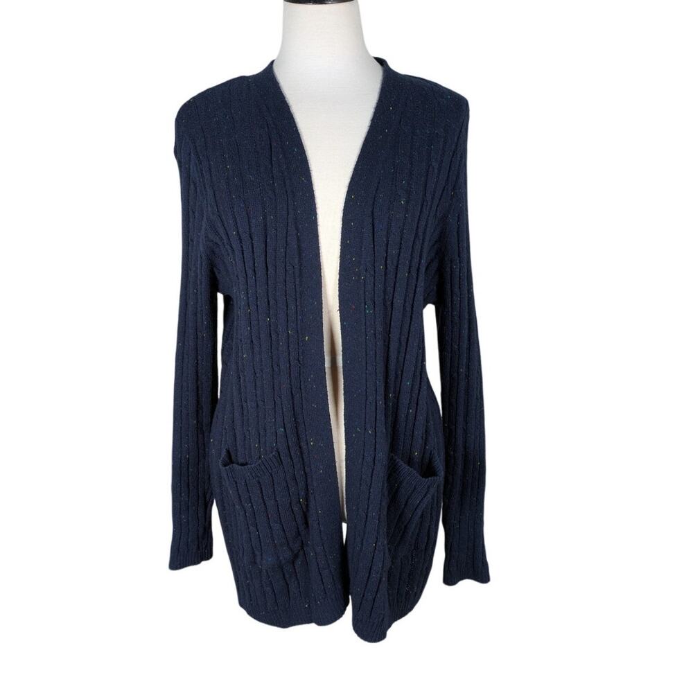 Kim Rogers P/XL Women's Navy Cable Knit Cardigan Sweater Open Front with Pockets